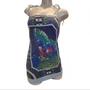 Butterfly Print Size Small Grey Sequence Trim With Shoulder Ties.